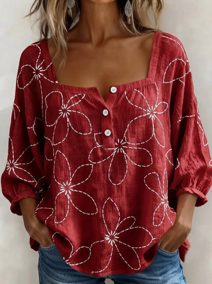 Vintage Floral Print Square Neck Puff Sleeve Blouse