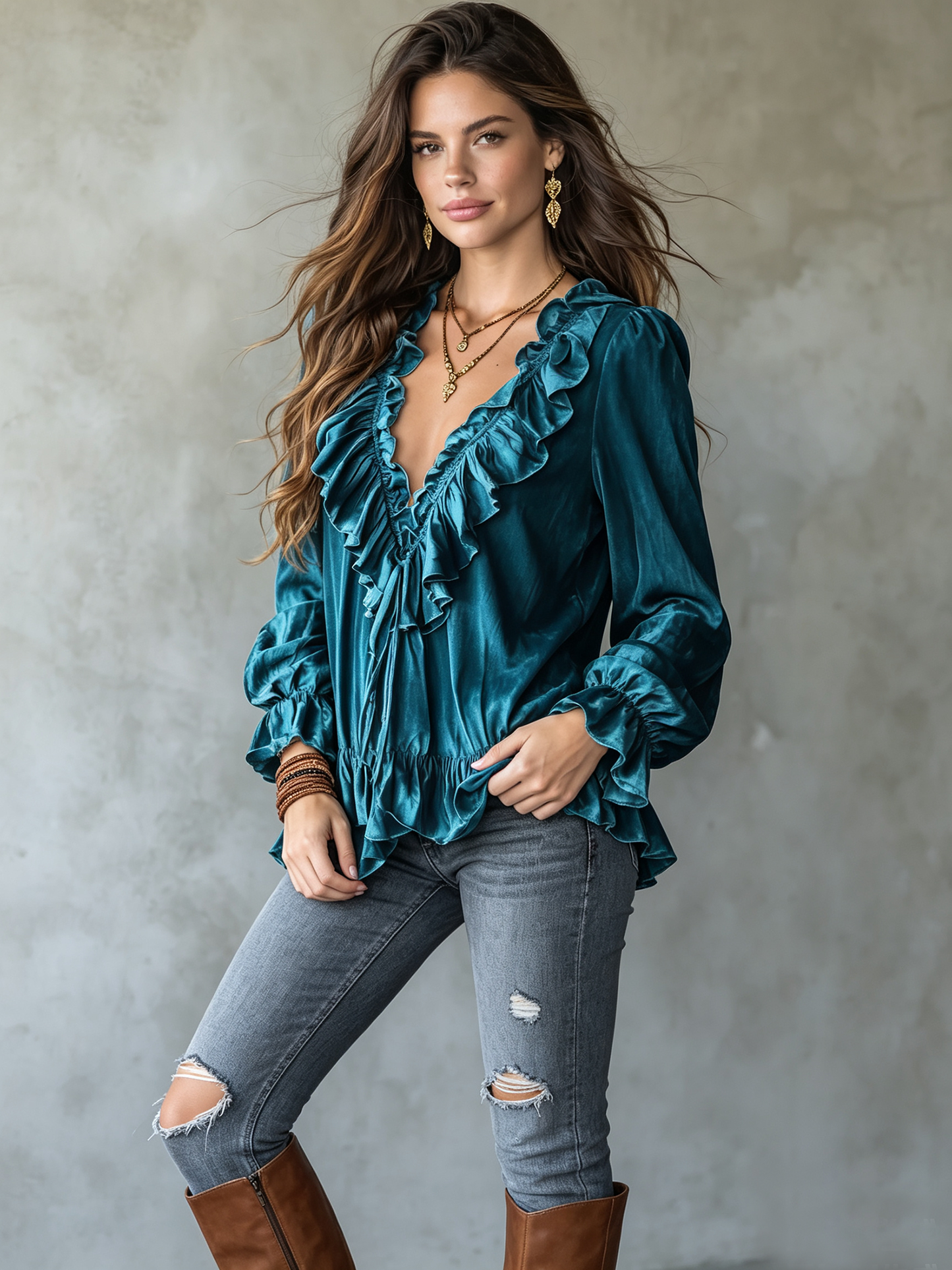 Bohemian Ruffled V-neck Velvet Shirt