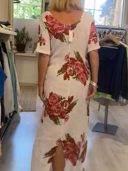 Bohemian Floral Print Silhouette Two-way Cotton-linen Dress