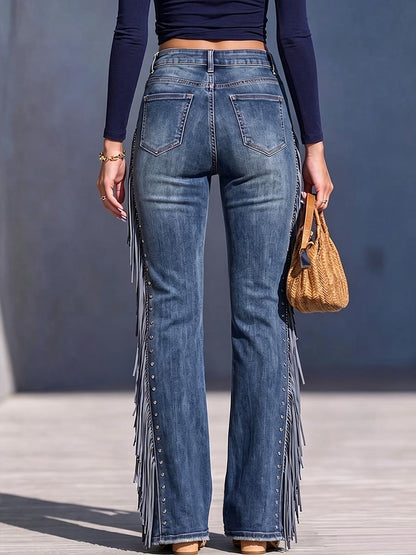 Women's High-waisted Loose-fit Wide-leg Denim Pants With Tassels And Studs