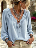 Comfortable Casual Waffle-knit Top With Ruffled V-neck