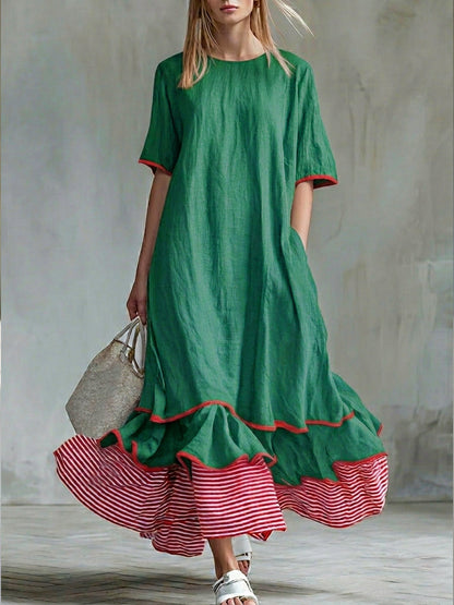 Casual Patchwork Red Striped Short-sleeved Dress