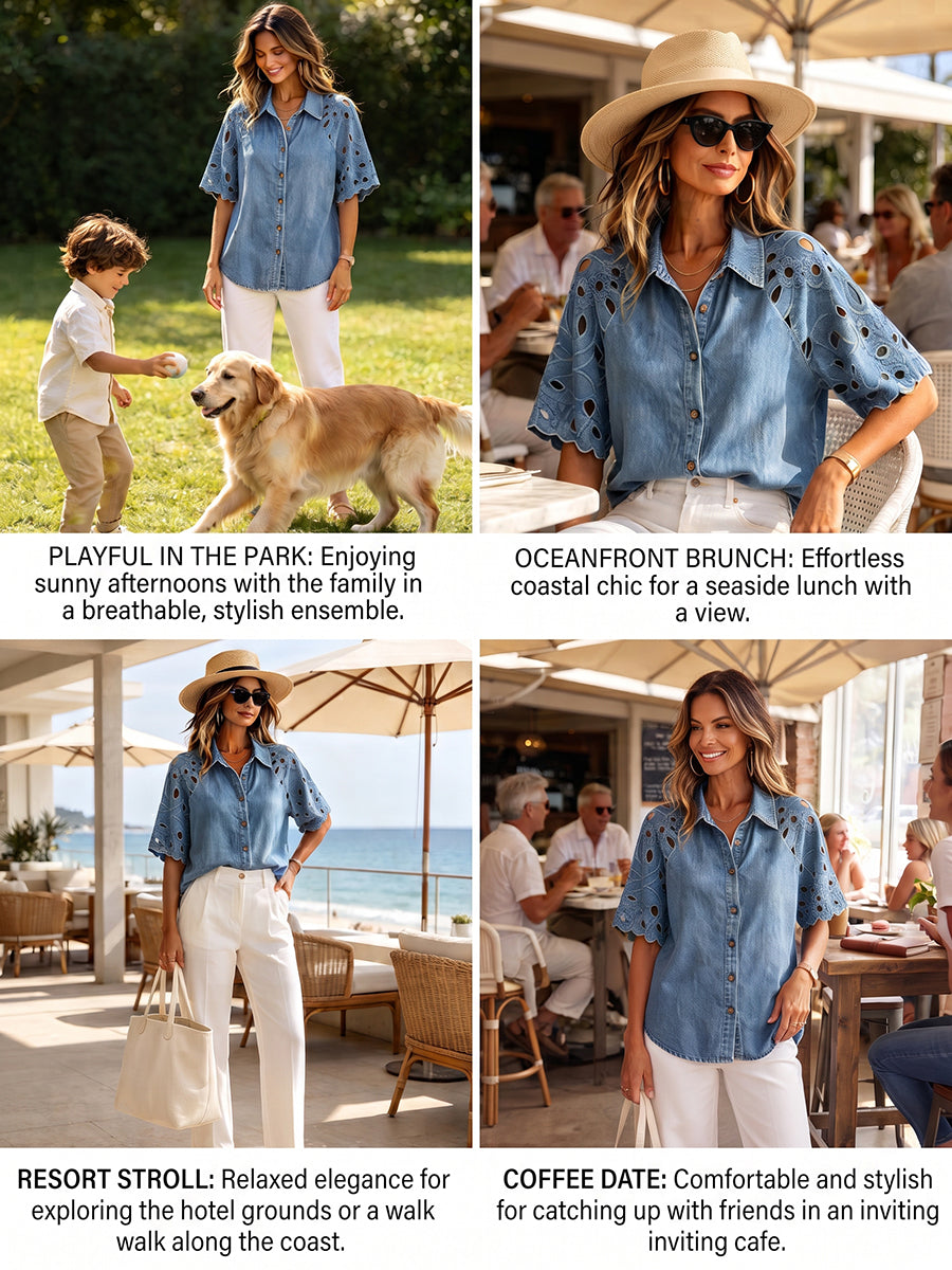 Vintage-style Denim Shirt With Cutout Floral Lace Paneling