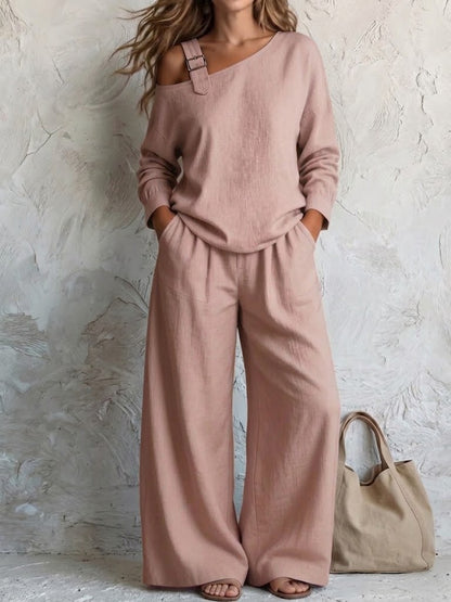 One Shoulder Strap Long Sleeve Top & High Waist Wide Leg Pants Linen Blend Two Piece Set