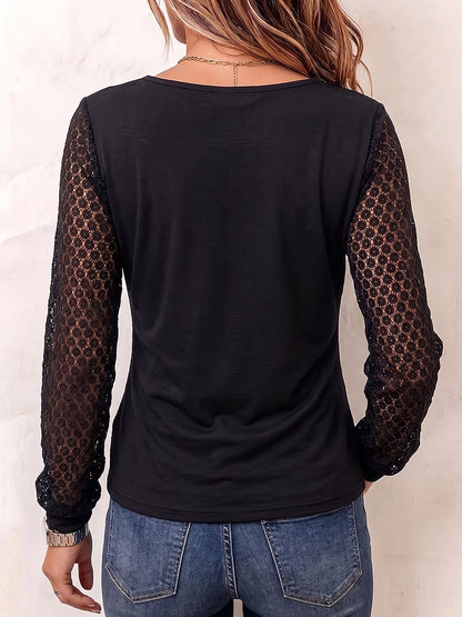 Women's Solid Color V-neck Long Sleeve Casual Loose Lace Patchwork Top