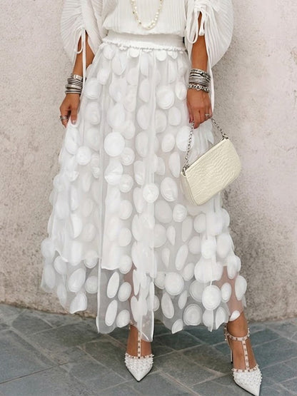 Lined Midi Skirt Featuring 3d Decorative Appliqués And Mesh Paneling