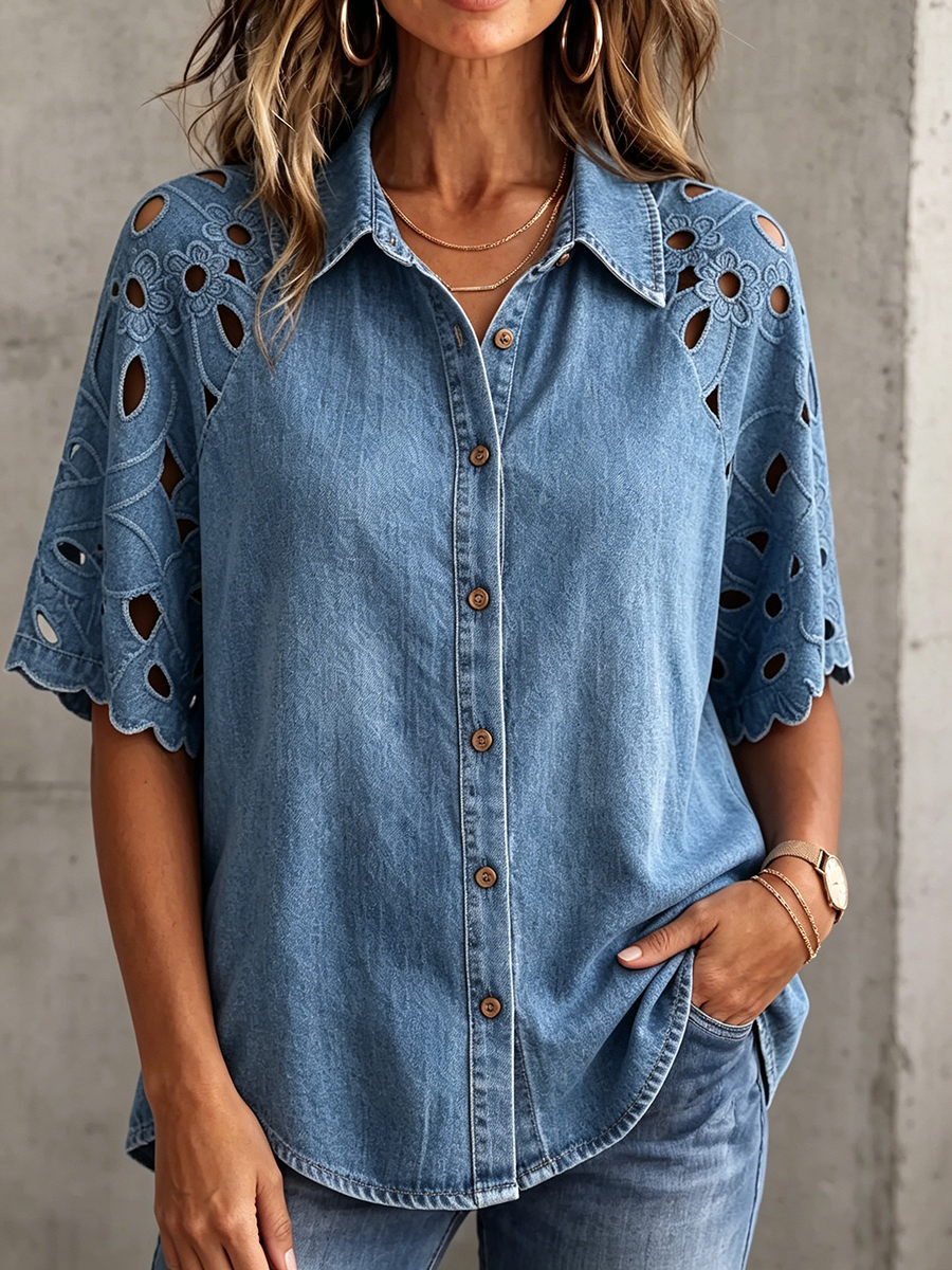 Vintage-style Denim Shirt With Cutout Floral Lace Paneling