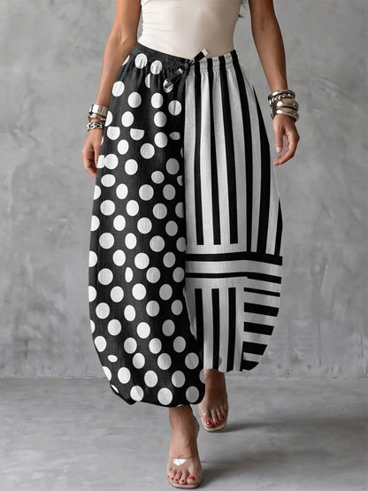 Contrast Polka Dot Stripe Linen Drawstring Harem Midi Pants