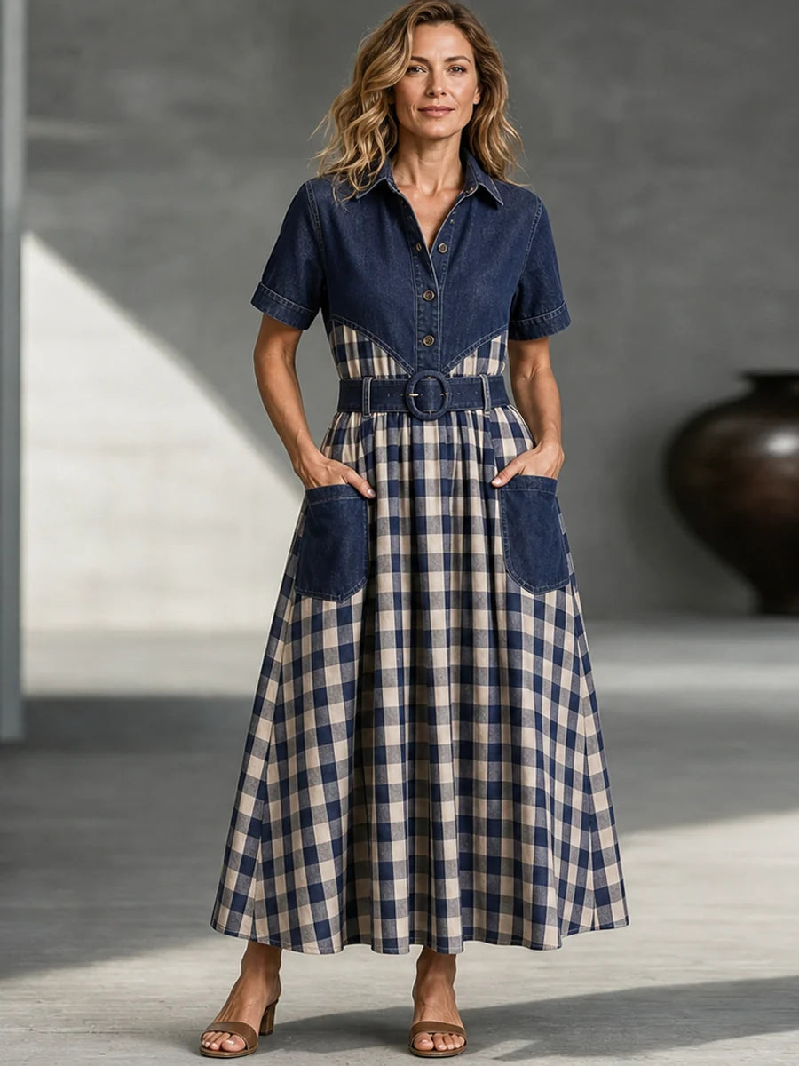 Vintage Denim Yoke & Plaid Patchwork Shirt Dress With Belt