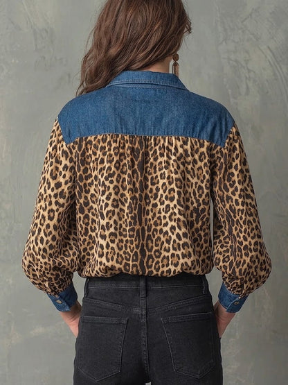 Stylish Casual Denim and Leopard Print Half-Zip Top