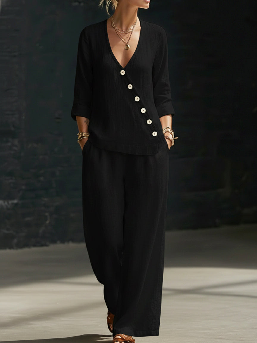 Minimalist V-neck Shirt And Wide-leg Pants Two-piece Set