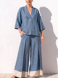 Women's V-neck 3/4 Sleeve Casual Loose Cotton Linen Top High-waisted Casual Loose Color-blocked Wide-leg Pants Cotton Linen Set