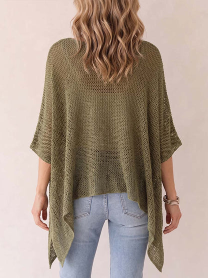 Women's Solid Color Round Neck 3/4 Sleeve Casual Loose Knitted Hollow-out Mesh Top