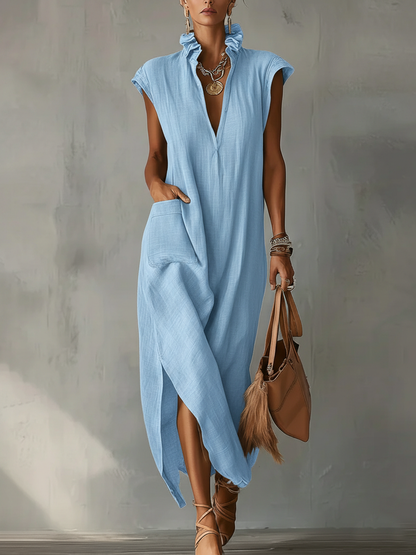 Elegant Ruff Collar Fashion Linen Cotton Midi Dress