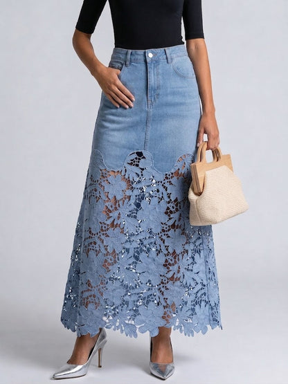 Stylish And Casual Patchwork Lace Denim Skirt