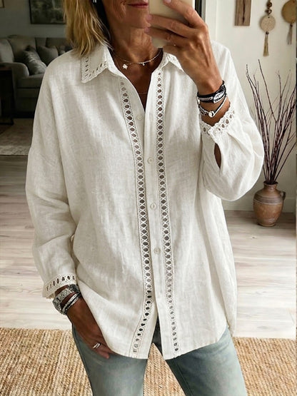 Casual Long-sleeve Linen-cotton Shirt With Spliced cutout Webbing