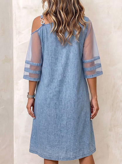 Women's Off-shoulder Neckline 3/4 Sleeves Casual Loose Denim Patchwork Mesh Dress