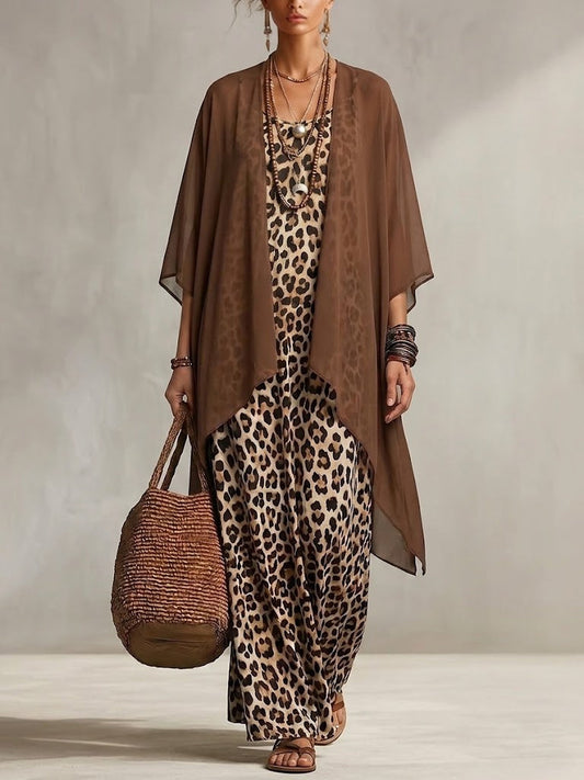 Solid-color Chiffon Cardigan + Vintage Leopard-print Camisole Maxi Dress (two-piece Set)