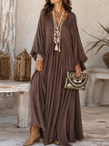 Women's V-neck Long-sleeved Casual Loose Cotton Linen Dress