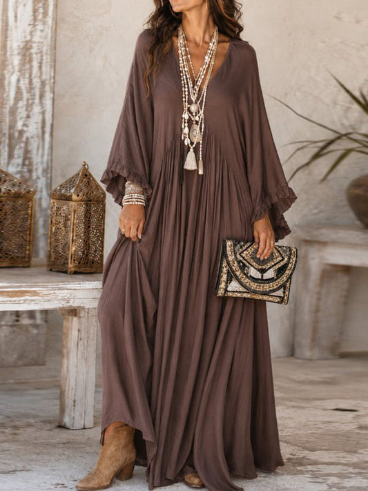Women's V-neck Long-sleeved Casual Loose Cotton Linen Dress