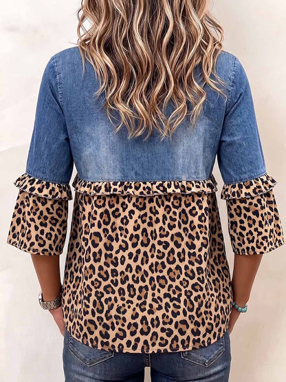 Women's Round Neck 3/4 Sleeve Casual Loose Denim Patchwork Leopard Print Pullover Top