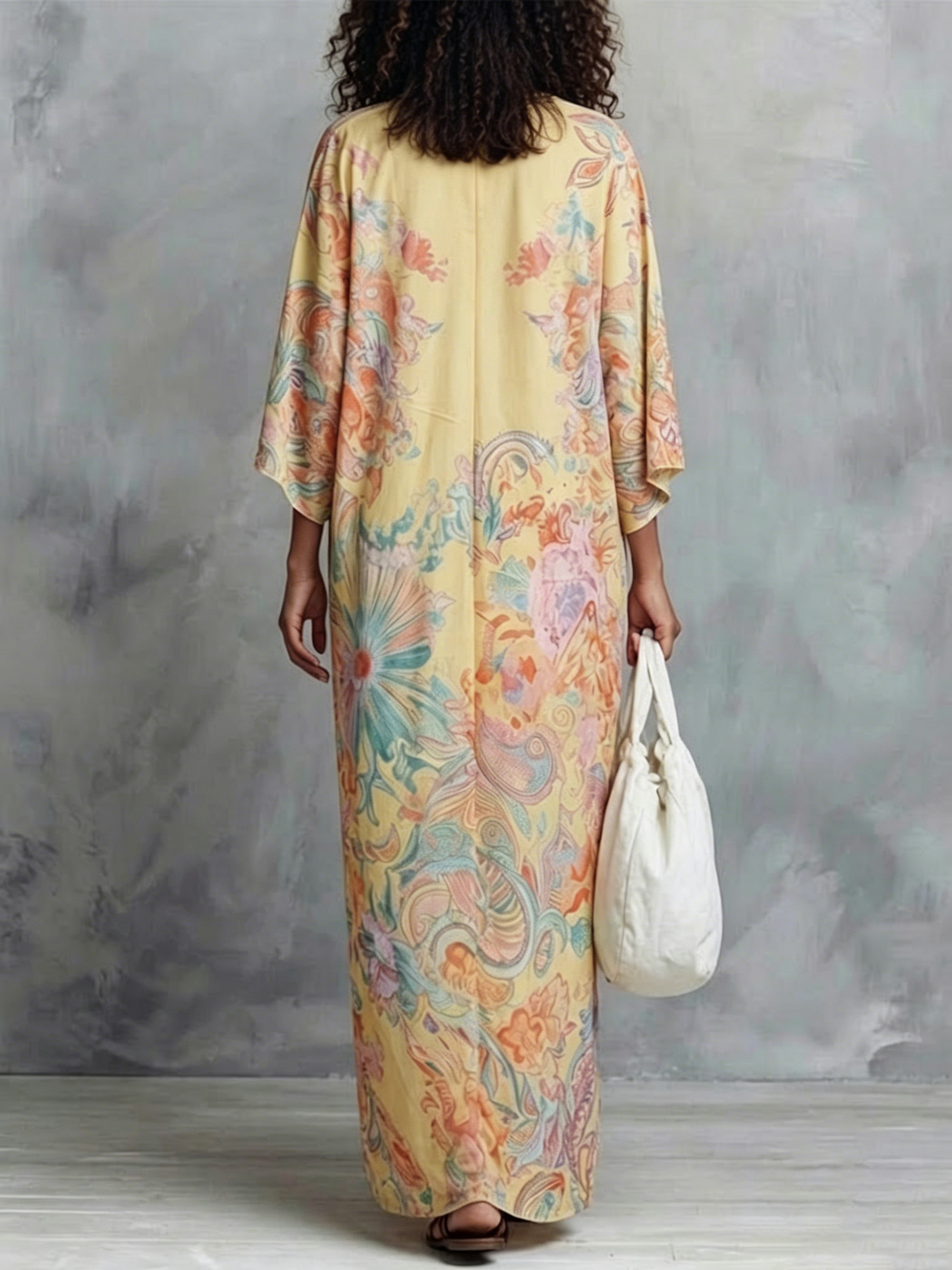 Boho Vintage Print V-neck Oversized Batwing Sleeve Vacation Kaftan Maxi Dress