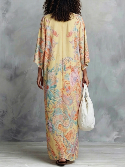 Boho Vintage Print V-neck Oversized Batwing Sleeve Vacation Kaftan Maxi Dress