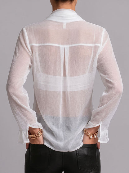 Women's Solid Color V-neck Long Sleeve Casual Loose Chiffon Top