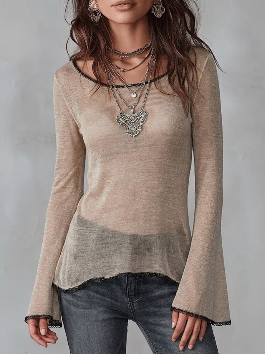 Cozy Cotton-blend Knit Flared-sleeve Top With Sheer Panels And Contrasting Trim.