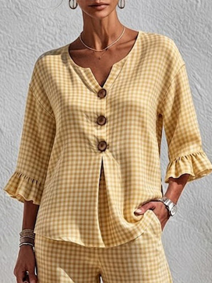 Two-piece Set Featuring A Plaid V-neck Top With Wooden Buttons And Ruffled Three-quarter Sleeves, Paired With Wide-leg Trousers