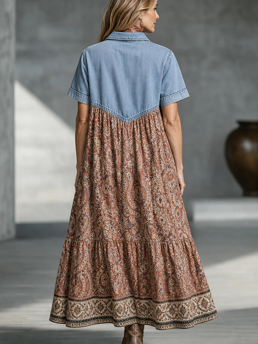 The Western Boho Denim-Patch Paisley Tiered Maxi Dress