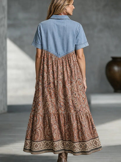 The Western Boho Denim-Patch Paisley Tiered Maxi Dress