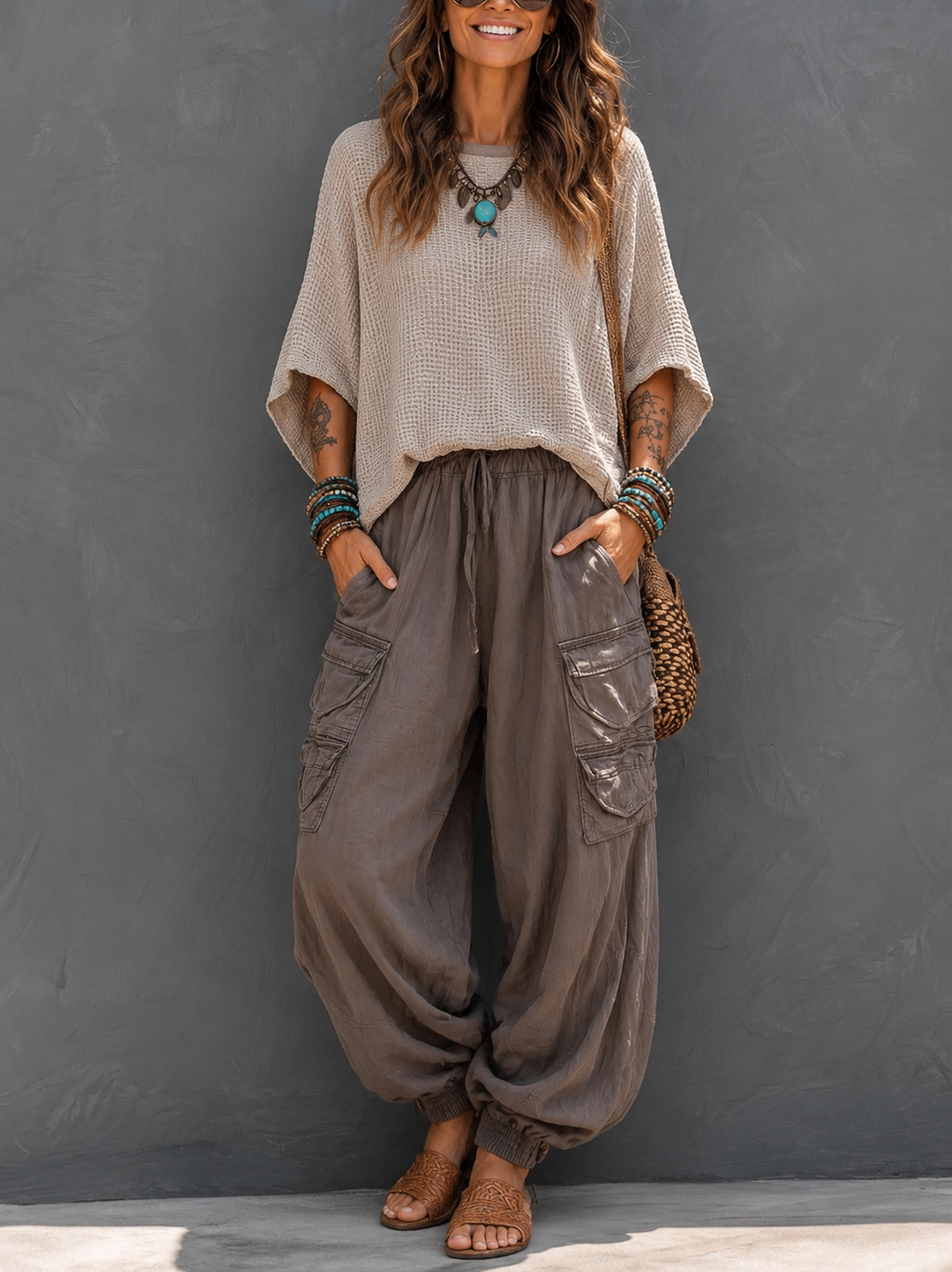 Casual & Cozy Two-piece Set: Waffle-knit Cotton Top And Cotton Cargo Pants