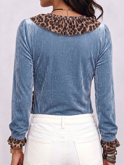 Women's Ruffled V-neck Long-sleeved Casual Loose Velvet Top