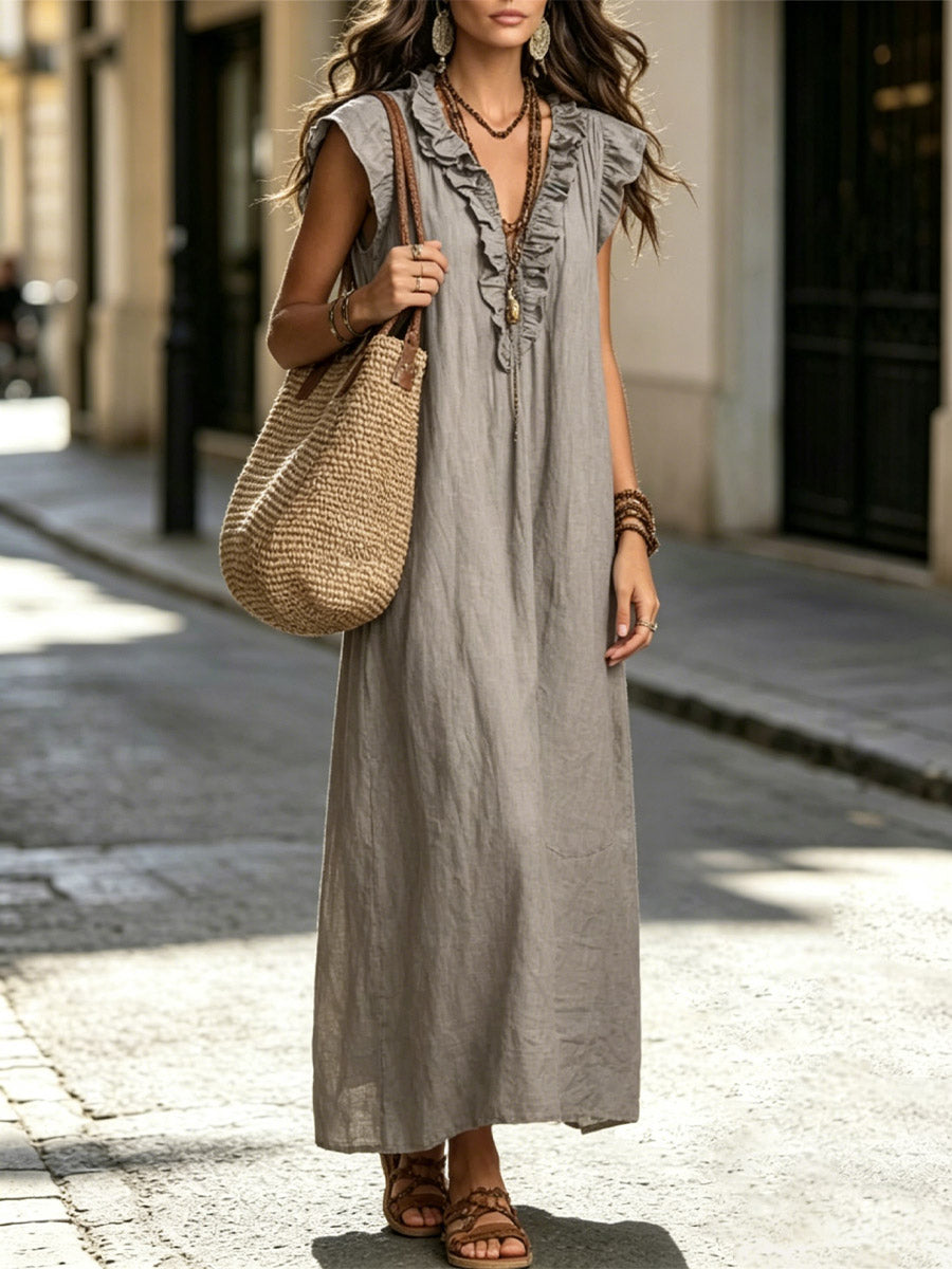 Women's Solid Color Ruffled Art Casual Fashion Cozy Cotton Linen Dress