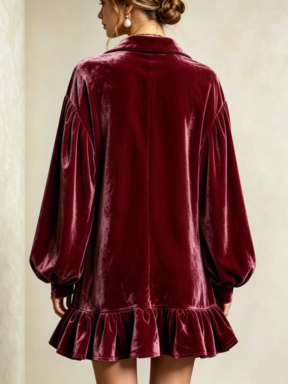 Velvet Loose-fit Mini Dress Featuring A Lapel Collar, Partial Button Placket, Lantern Sleeves, And A Ruffled Hem