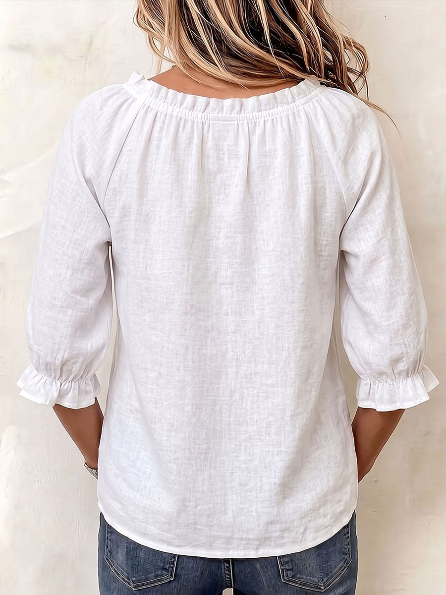 Women's Solid Color Round Neck 3/4 Sleeve Casual Loose Tie Top