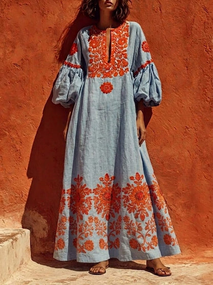 Bohemian Print Lantern-sleeve Maxi Dress