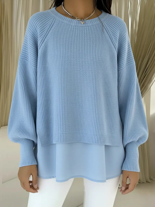 Women's Comfortable Patchwork Faux Two-piece Lantern Sleeve Sweater