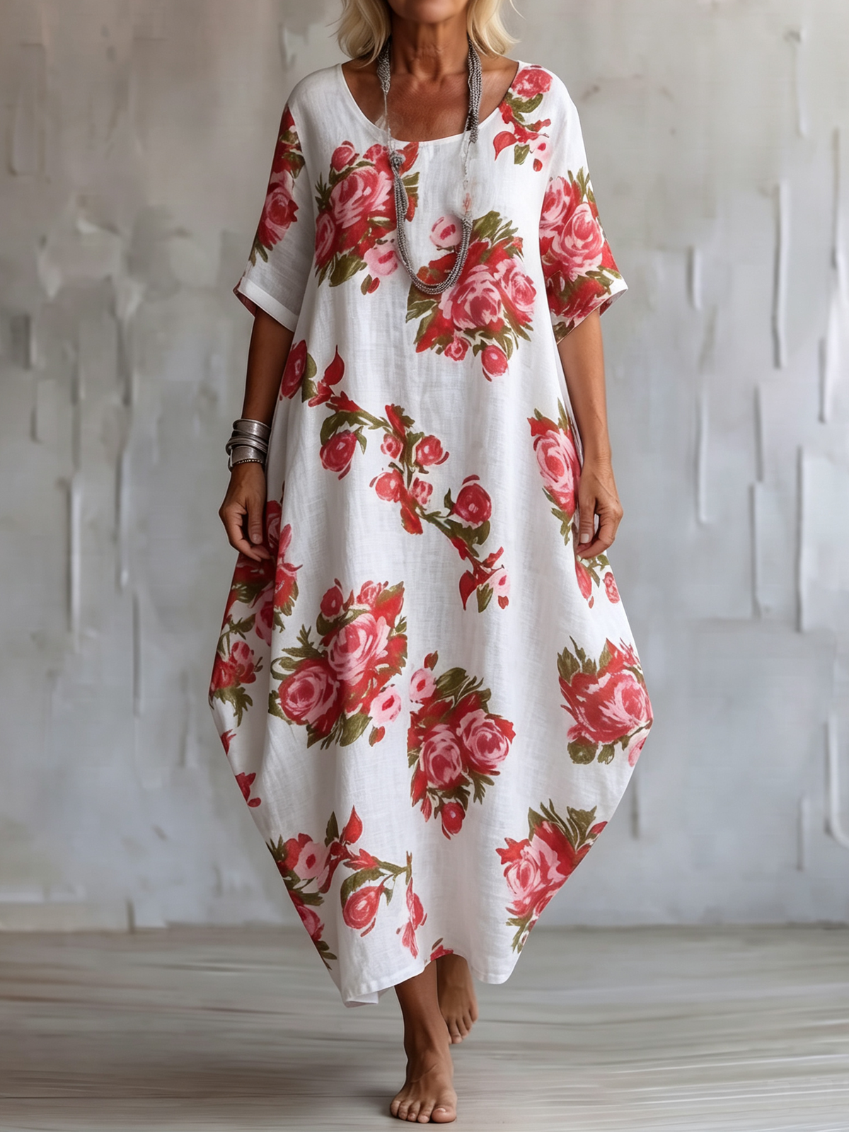 Bohemian Floral Print Silhouette Two-way Cotton-linen Dress