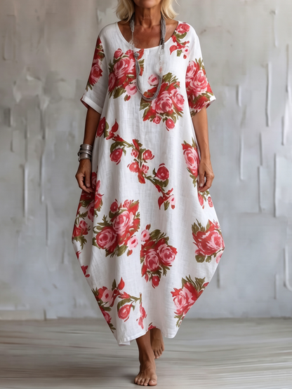 Bohemian Floral Print Silhouette Two-way Cotton-linen Dress