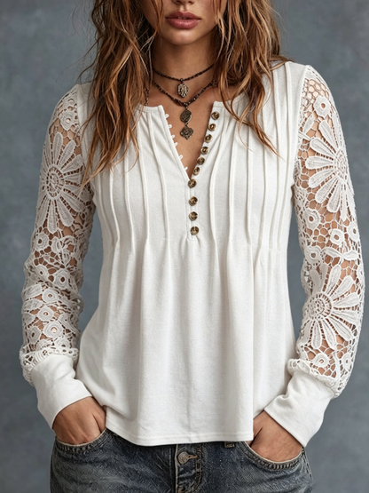 Solid-color Long-sleeve V-neck Pleated Top With Lace Cutouts