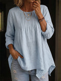 Women's solid color round neck long-sleeved casual loose pleated cotton and linen top