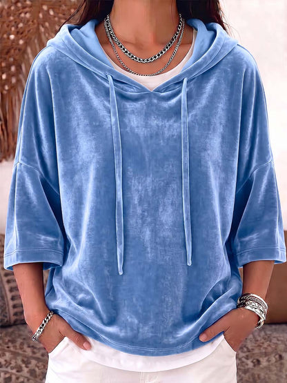 Women's Solid Color 3/4 Sleeve Casual Loose Velvet Hooded Top