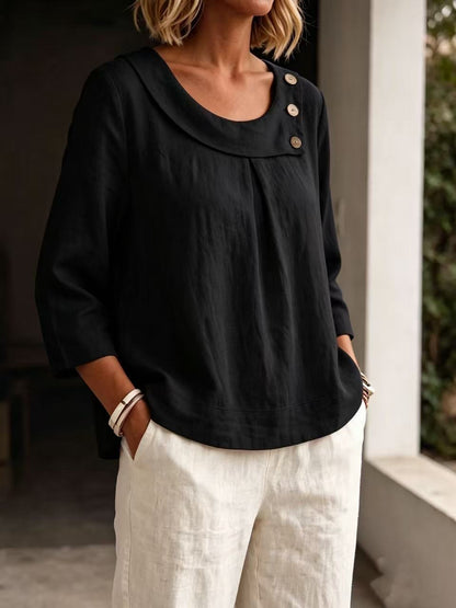 Asymmetrical Button Collar Linen Three-Quarter Sleeve Blouse