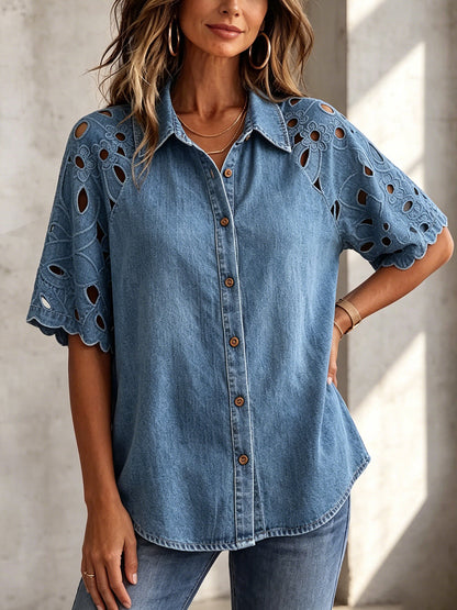 Vintage-style Denim Shirt With Cutout Floral Lace Paneling