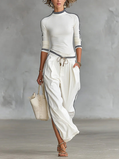 Cozy Stretch Knit Top And Cotton Trousers Two-piece Set