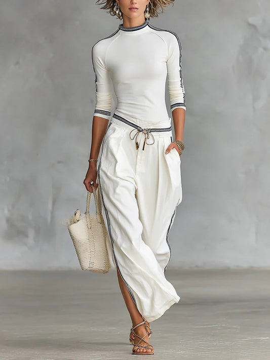 Cozy Stretch Knit Top And Cotton Trousers Two-piece Set