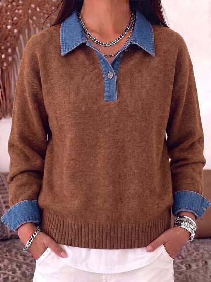 Women's Pullover Collar Long-sleeved Casual Loose Denim Patchwork Knit Top
