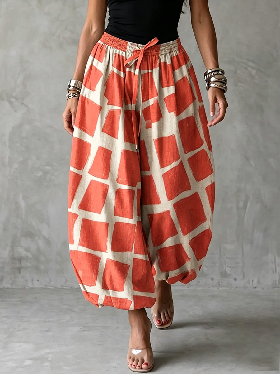 Abstract Geometric Print Linen Harem Jogger Pants